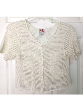 VTG R&K Originals Top Sz 10 White Mesh Crochet Button Front Short Sleeve #I-9